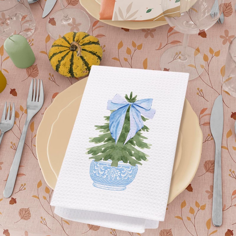 SPBL&L Chinoiserie Christmas Kitchen Towels, Light Blue Porcelain Chinoiserie Christmas Tree Hand Towels, 16x24 Inch - Image 4